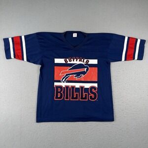 Vtg 90s Buffalo Bills Jersey Shirt Men's XL Blue Short Sleeve V Neck Stripe